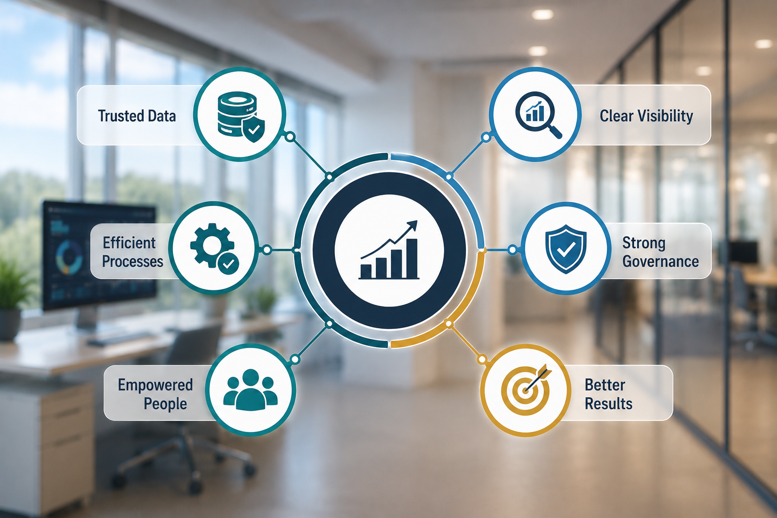 Claims performance graphic showing trusted data, efficient processes, empowered people, clear visibility, strong governance, and better results