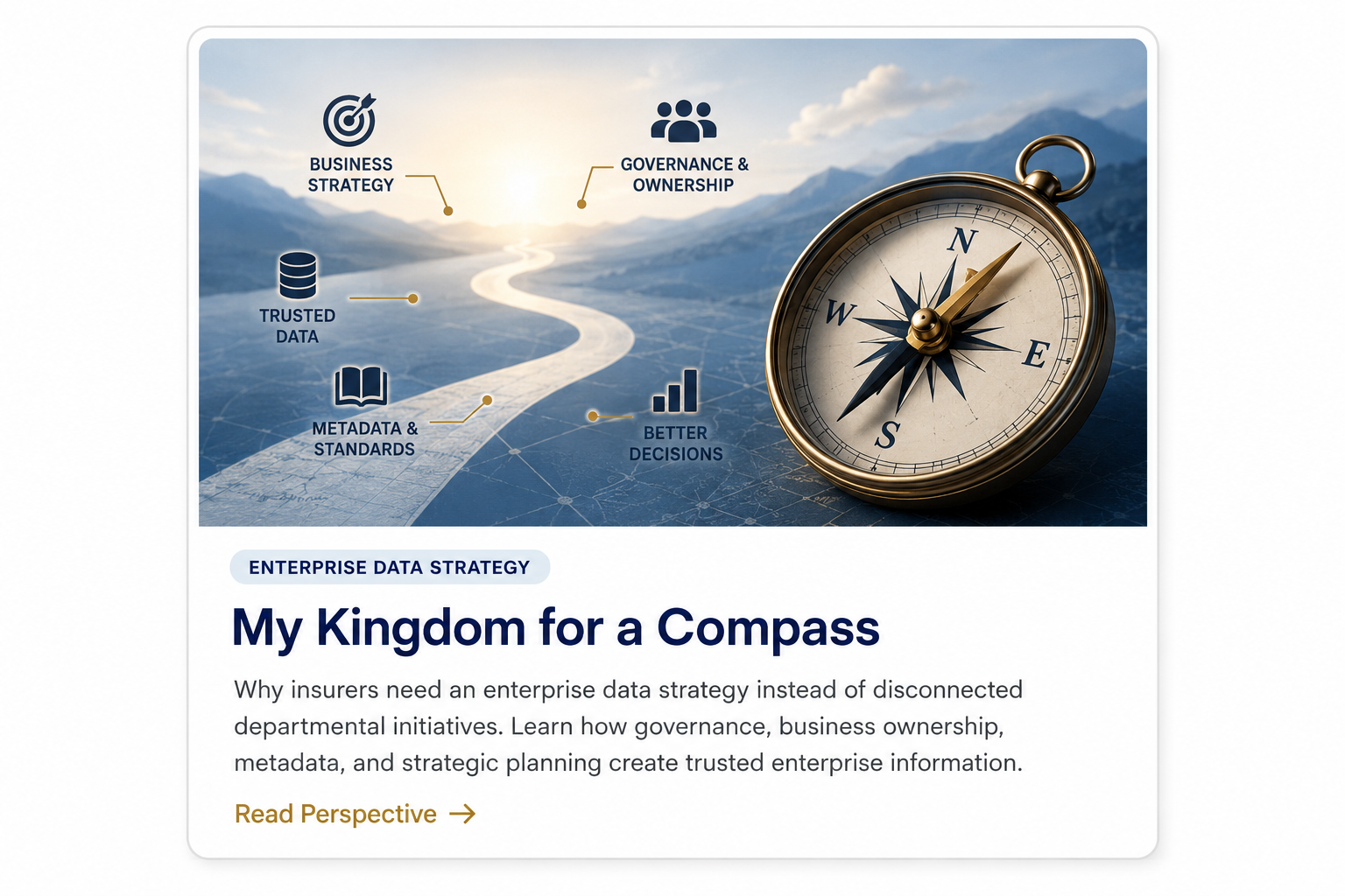 Compass and winding road graphic representing business strategy, governance and ownership, trusted data, metadata and standards, and better decisions