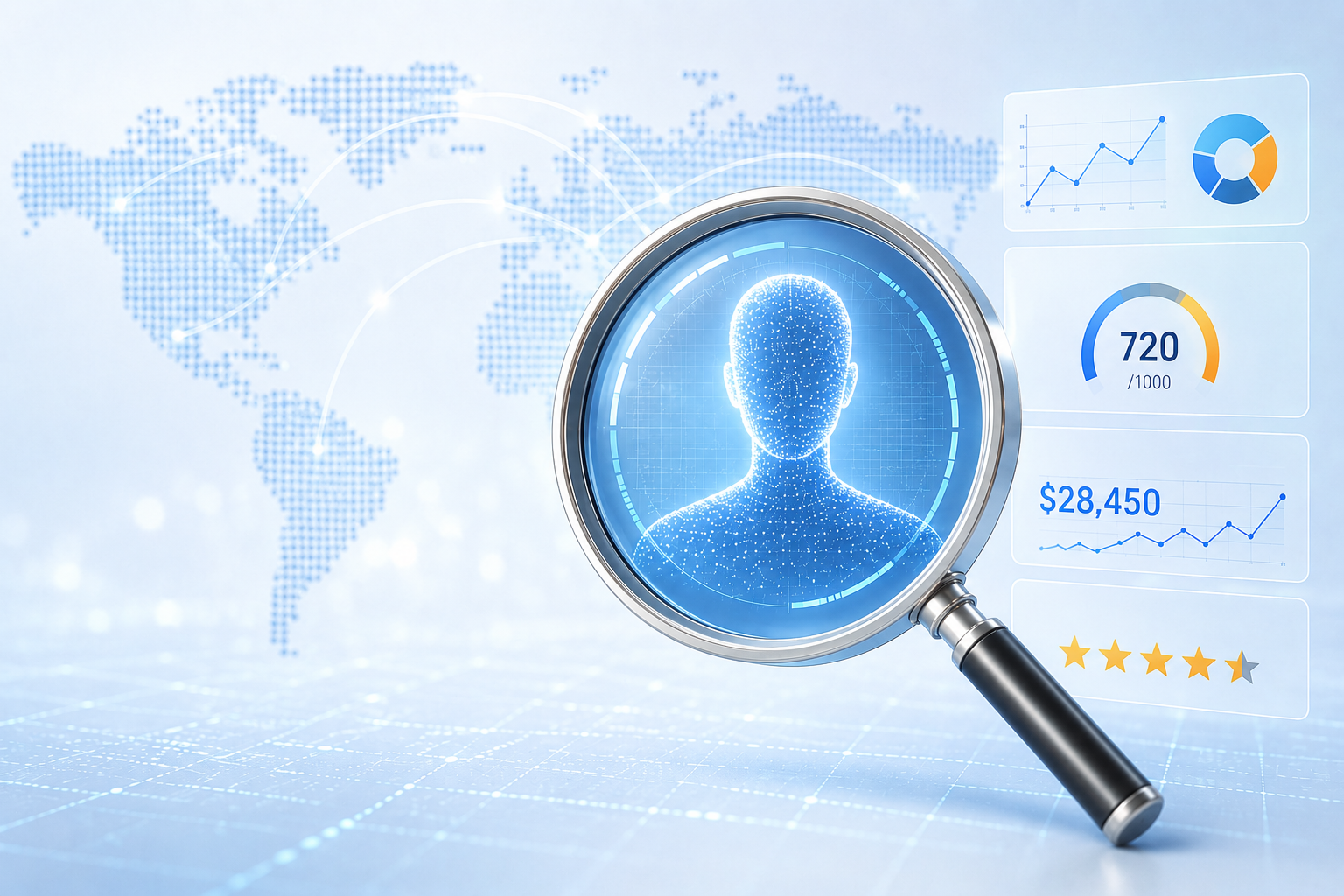 Magnifying glass over a digital customer profile with data dashboards showing analytics, credit score, revenue growth, and star rating