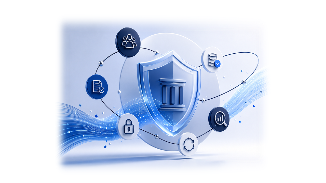 Data governance graphic showing a shield with security, compliance, access control, audit, and analytics icons around a central institution symbol