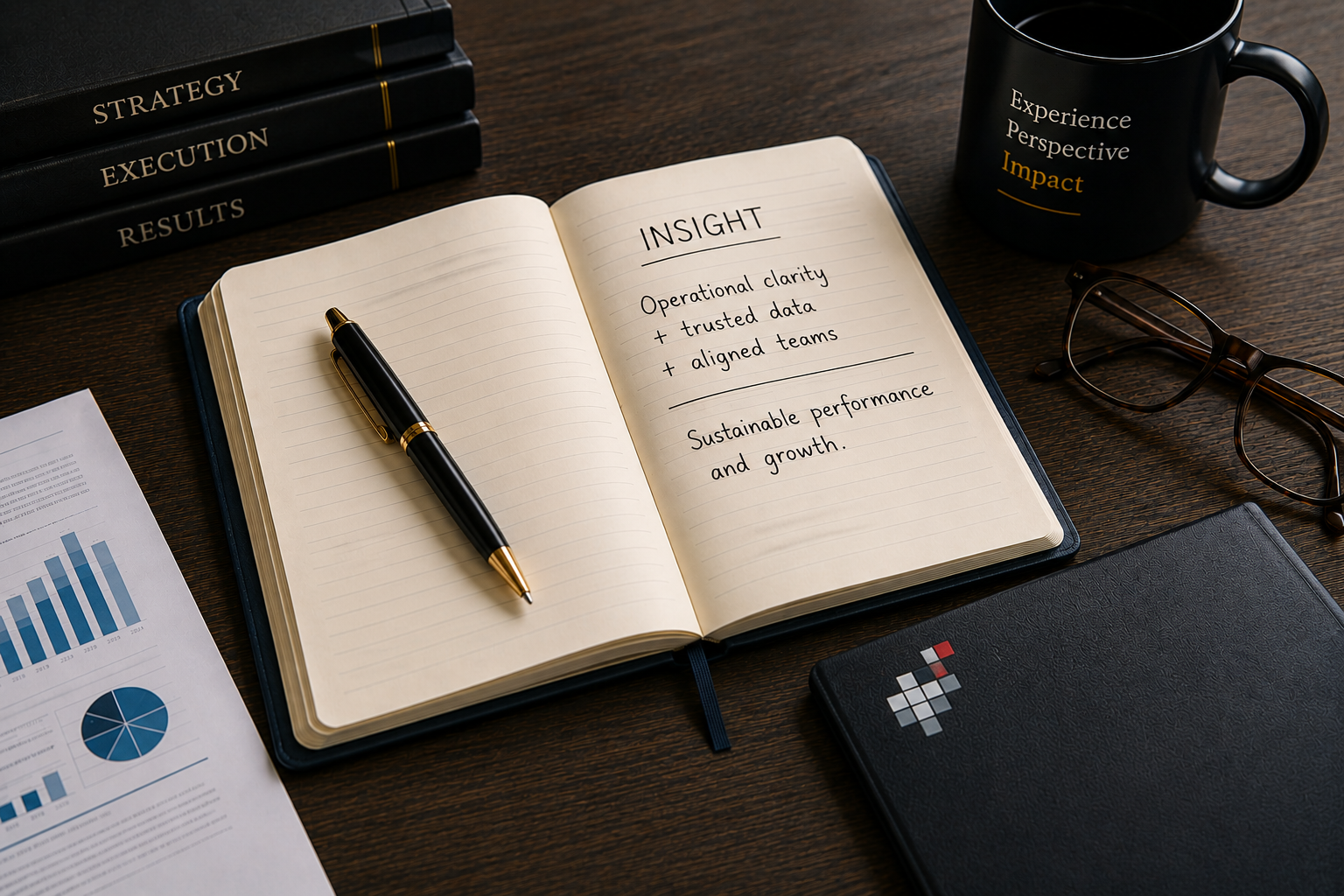 Insight notebook showing operational clarity, trusted data, aligned teams, and sustainable performance
