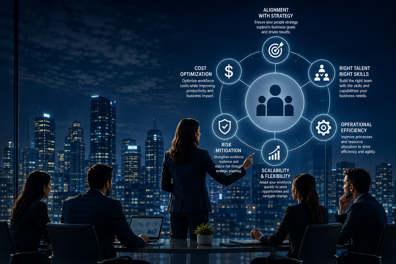 Enterprise staffing strategy graphic showing alignment with business strategy, talent and skills, operational efficiency, scalability, risk mitigation, and cost optimization