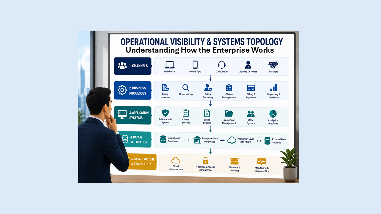 Operational visibility and systems topology diagram showing channels, business processes, application systems, data and integration, and infrastructure and technology layers